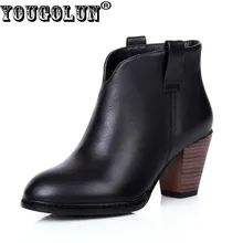 YOUGOLUN Herbst Frauen Stiefeletten Elegante Schwarz Damen Dick Heels (7 cm) Echtem Leder Boot Mode Frau Runde kappe Ferse Schuhe