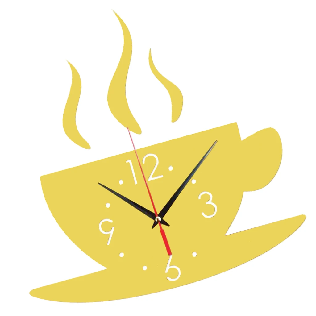 3D DIY Sticker Wall Clock, Mirror Effect Coffee Cup Shaped Large DIY Wall Clock for Living Room Bedroom Office, Easy to Install