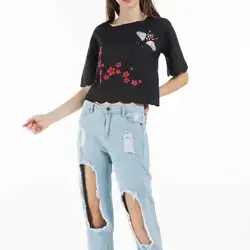 2018 Демисезонный Новинка; футболки мода пчела цветочной вышивкой Половина рукава короткие блузка Для женщин черный волна вырезать рубашки