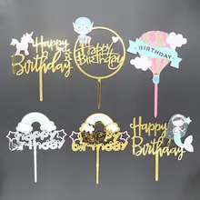זהב Unicorn אקריליק עוגת טופר פלמינגו שמח יום הולדת Cupcake טופר עבור תינוק מקלחת בת ים Unicorn המפלגה עוגת קישוטים(China)