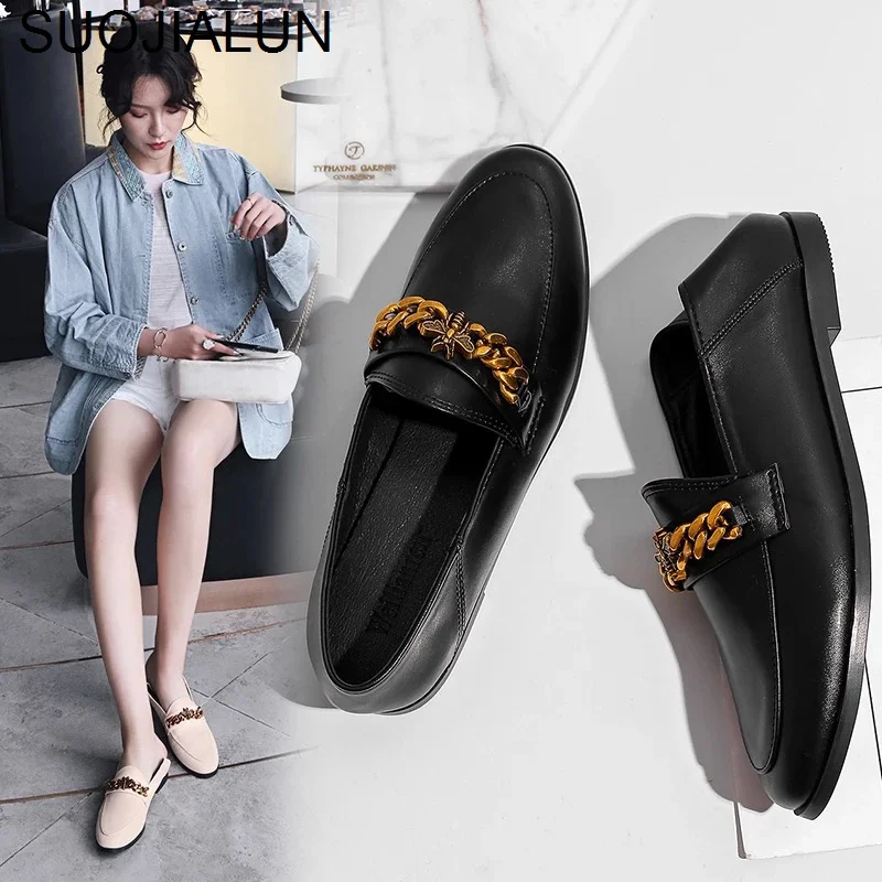 

SUOJIALUN Women Flats Shoes Bee Chain Mules Slip On Loafers Brand Ladies Oxford Creeprer Shoes Zapatos Mujer Big Size 35-43 Flat