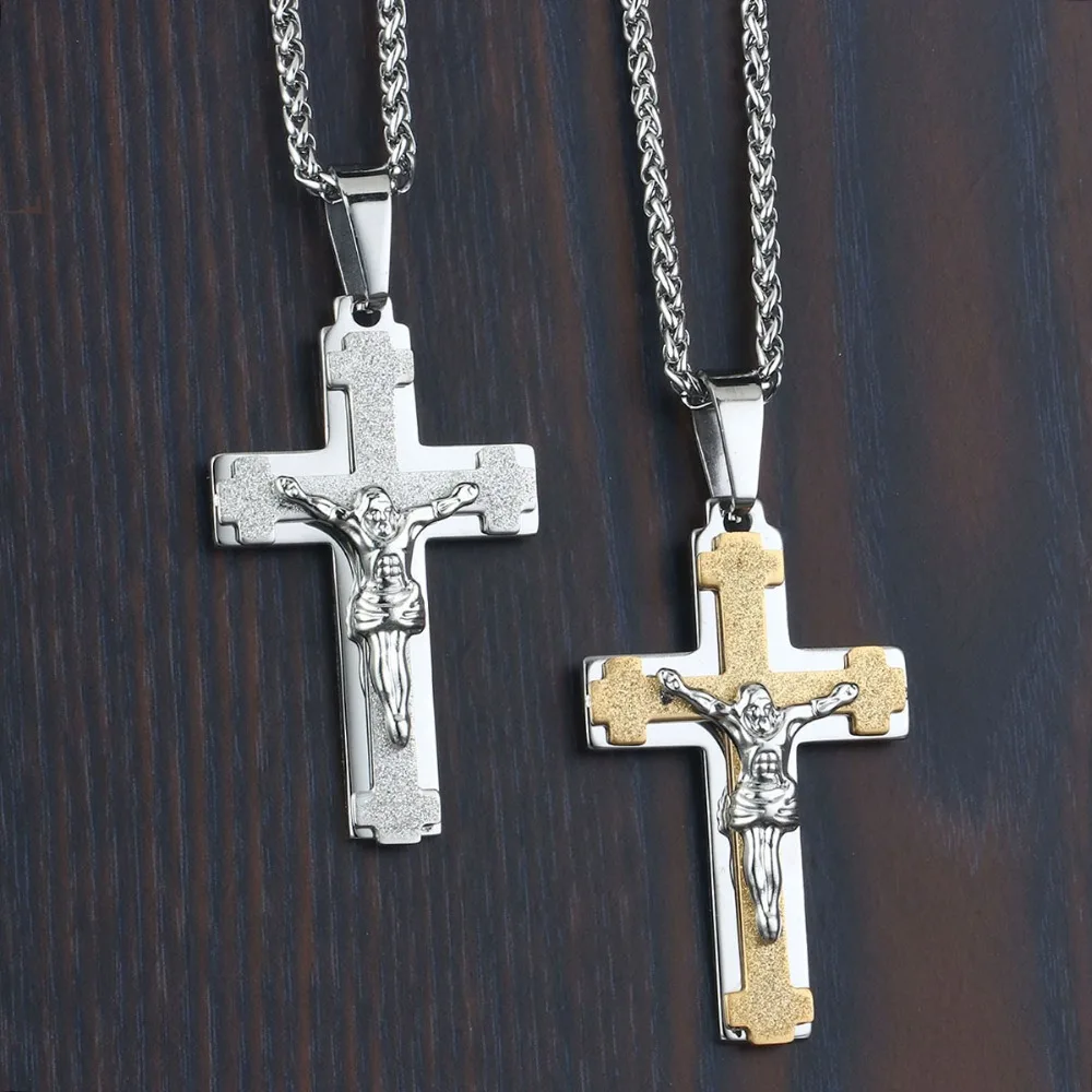 

Religious Crucifix Jesus Stainless Steel Pendants Jewelry Necklaces for Men Metal Link Chains Catholic Cross bijoux kolye CN42