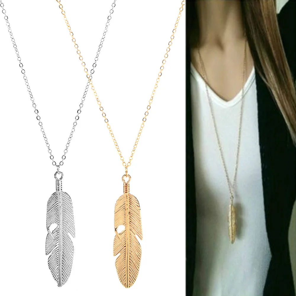 Простой Классический лист кулон ожерелье с перьями длинный свитер ювелирные изделия с цепочкой золото/серебро цвет ожерелье для женщин