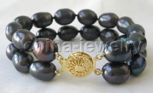 

Beautiful 2row 8" 13mm black baroque freshwater pearl bracelet-GP claspNoble style Natural Fine jewe Fast SHIPPING