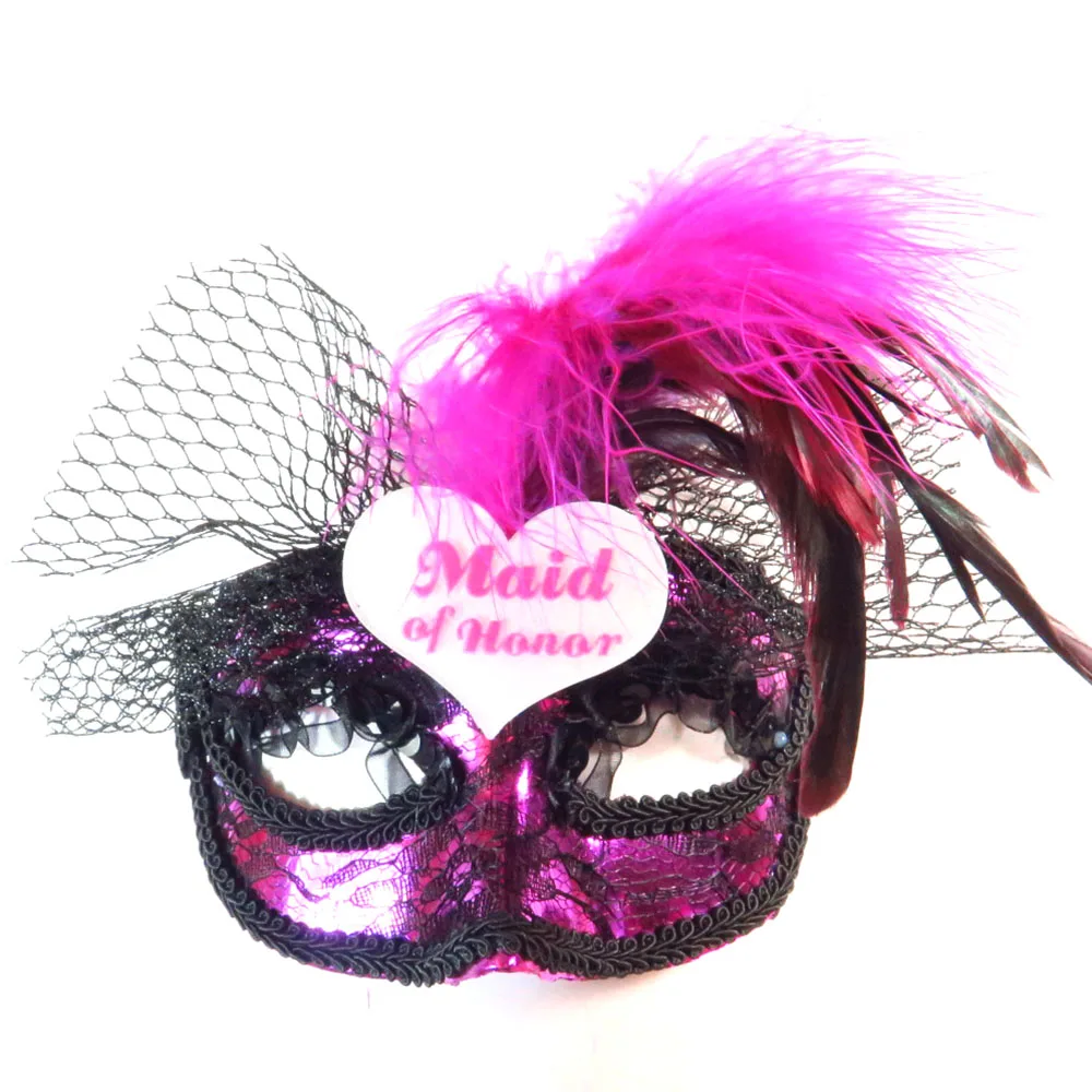 PinkMWMOH Sexy hot pink half famale lace mask black net feather decor glitter Bachelorette hen party maid of honor bride to be - Цвет: PinkMWMOH