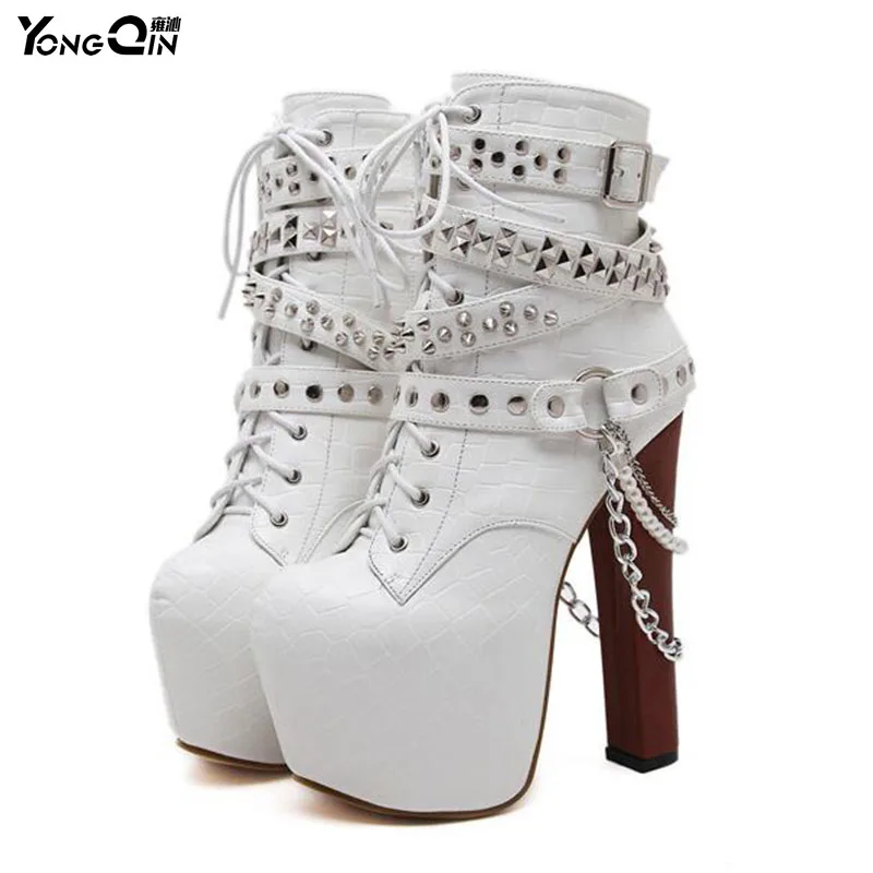 

New Heavy Metal Decoration 16CM High Heel thick Women Boots Shoes Round Toe Ankle Boots Shoes SIZE 34-40