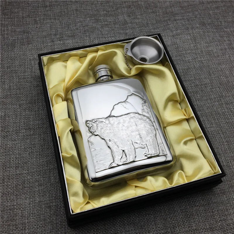 Плоская фляжка 6OZ FX B из нержавеющей стали 304 рельефный полярный медведь 6 унций