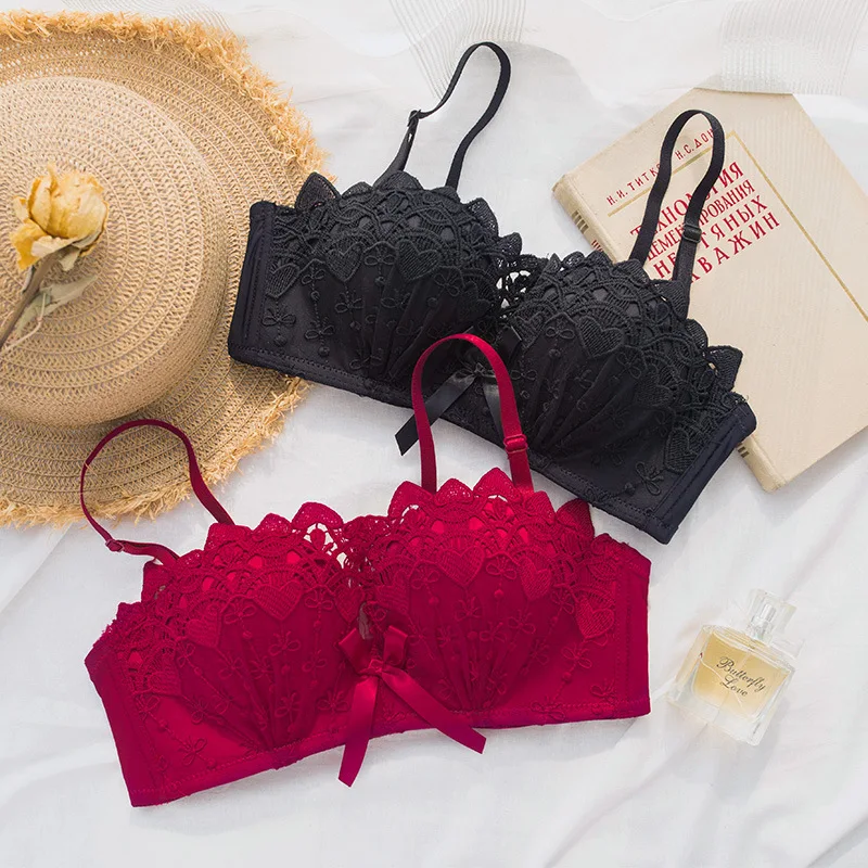 

Wasteheart Summer Women Fashion Red Purple Wireless Sexy Lingerie Set Cotton Panties Padded Bow Seamless Bra Sets Underwear A B