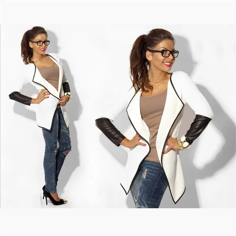 Most effective  jacket winter women Black and white long sleeved leather cardigan women jackets Slim Solid Outwear 