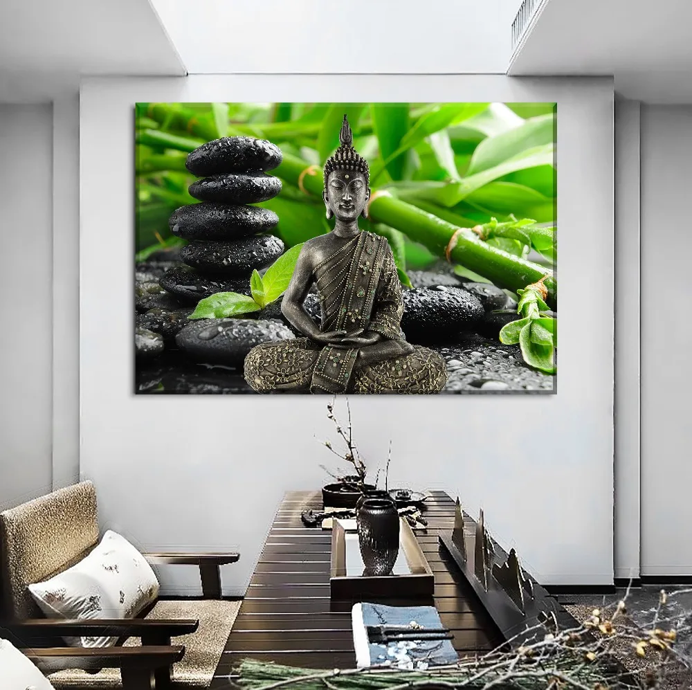 With Framed 1 Pieces Buddha Zen Green Bamboo Background Poster Modern Home Living Room ...