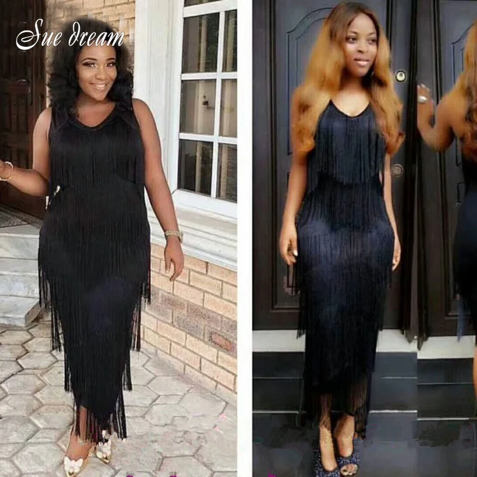 

2019 Women's Elegant Black Fringe Long Dress Summer O-Neck Sleeveless Sexy Club Party Bandage Dress