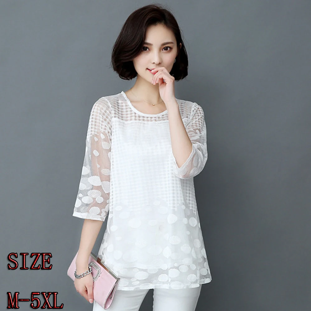 

White 3/4 Sleeve Top Plus Size Women's Tunics for Summer in Large Sizes Lace Blouse Shirt Clothing Women 2019 Fashion Autumn