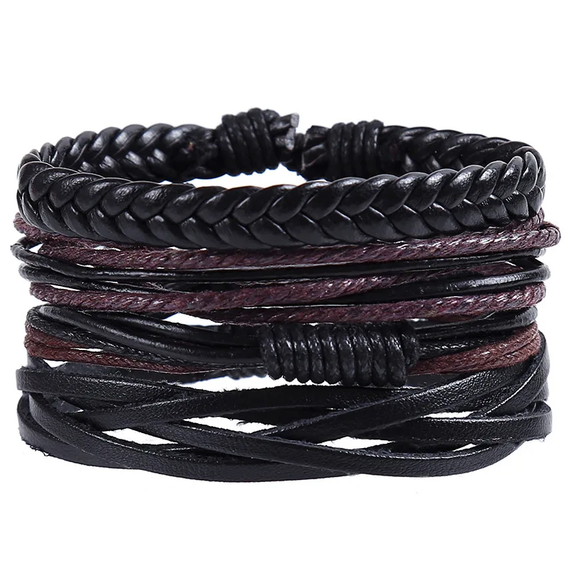 

4pcs/ Set Charm Woven Leather Bracelet For Men Jewelry Retro Rope Bracelets Bangles Adjustable Bohemian Punk Mens Jewellery Gift
