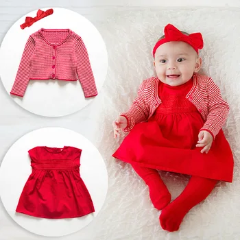 

Spring Fashion Baby Girls Birthday Party Sets Long Sleeves Striped Coat Red Lovely Princess Dresses with Headwear Baby's Set