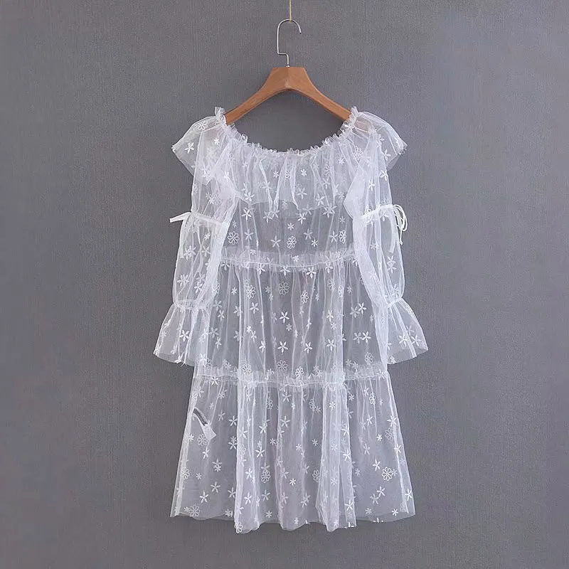 Sheer Mesh Mini Dress Women Flare Sleeve Embroidery Off Shoulder Dresses White Perspective Summer Beach Dress Dresses