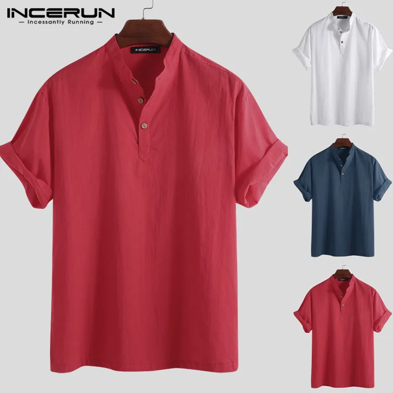 INCERUN 2020 Mens Shirt Cotton Button Stand Collar Solid Color Loose Tops Short Sleeve Casual Brand Shirts Men Harajuku Chemise INCERUN 2020 Mens Shirt Cotton Button Stand Collar Solid Color Loose Tops Short Sleeve Casual Brand Shirts Men Harajuku Chemise