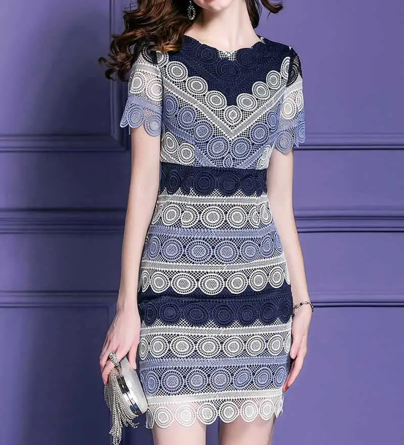 

Vintage Designer Women Circle Embroidery Women Dress Fashion O-Neck Short Sleeve Sheath Dresses