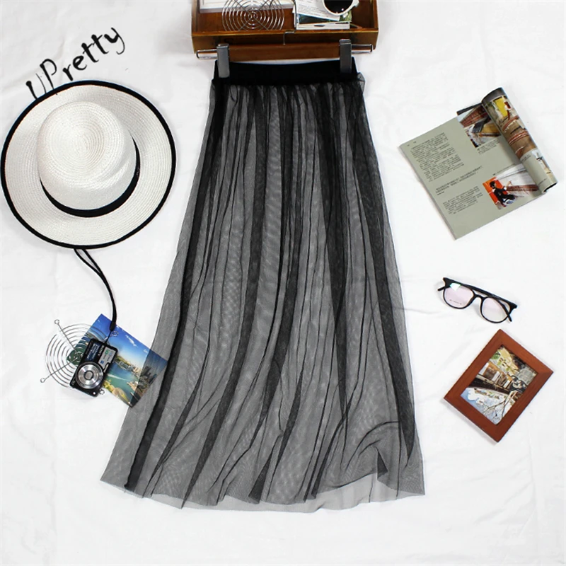 

Women Spring Summer Mesh Long Skirt Casual Sexy High Waist Transparent One Layer Lace Hollow Out A Line Bodycon Black Skirt