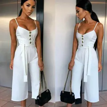 

Button Camis Jumpsuit Women Sleeveless Wide Leg Trousers Solid Summer Rompers Womens Jumpsuits Bandage Party Club Bodysuit