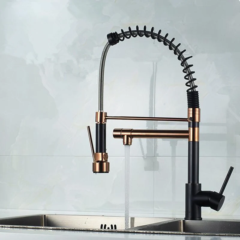 

Black Rose Gold Spring Pull Down Kitchen Faucet Dual Spouts 360 Rotation Single Handle Kitchen Mixer Tap Two Outlets Kitchen Tap