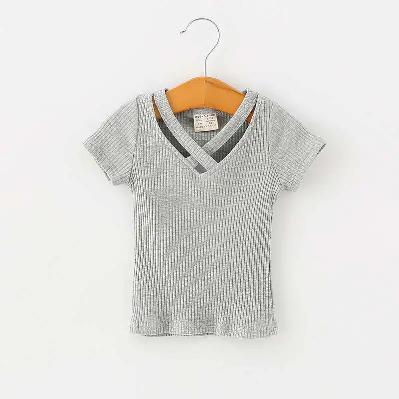 Модная хлопковая футболка с короткими рукавами для маленьких девочек, однотонные топы с треугольным вырезом, детская одежда