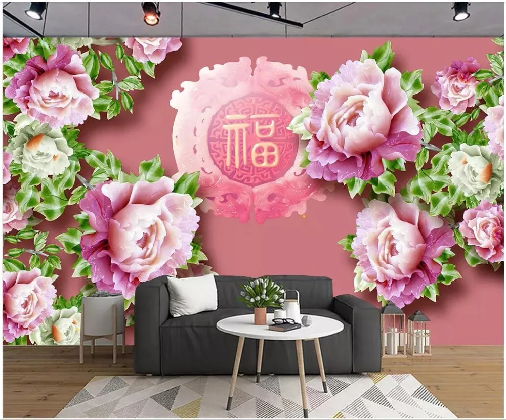 

3d wallpaper custom photo mural Blessing peony flower jade carving home decor living room 3d wall mural wallpaper for walls 3 d