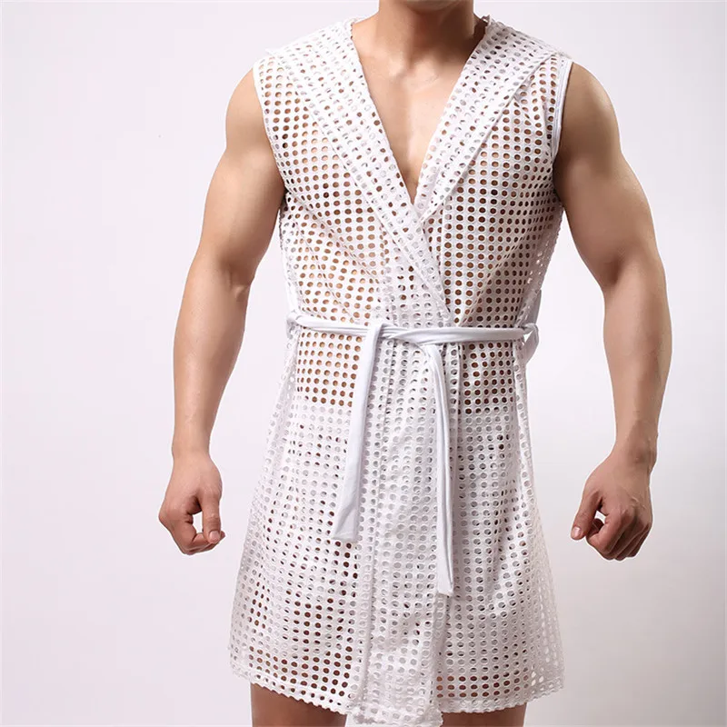 

Men Undershirts Fashion Hollow Out Breathable Nightwear Sexy Sleepwear Bathing Robe Gay Male Clubwear Hole Gay Undershirts
