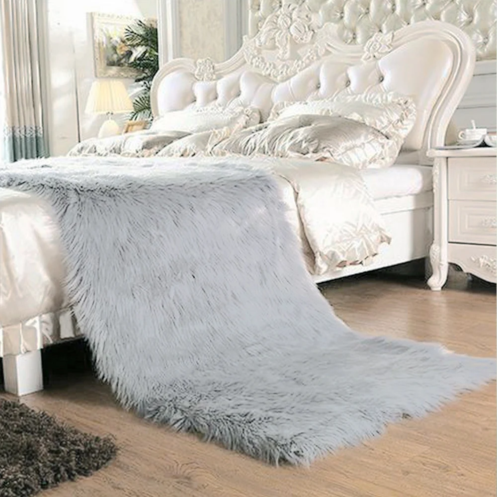 Yazi Luxury Grey Rectangle Sheepskin Hairy Carpet Faux Mat Seat Pad Fur Plain Fluffy Soft Area