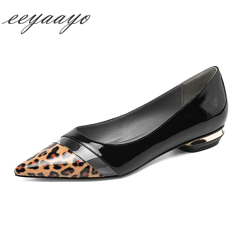 

2019 New Spring Genuine Leather Women Pumps Low Square Heel Pointed Toe leopard print Shallow Sexy Lady Women Shoes Black Pumps
