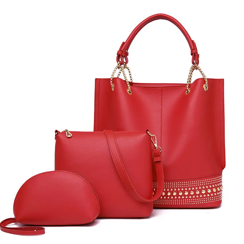YASICAIDI стиль, экокожа(полиуретан), Для женщин сумка 3 шт./компл., украшены заклепками, кожа Повседневное Сумка-тоут с верхней ручкой, дамские ручные сумки Курьерские сумки кошелек - Цвет: Red