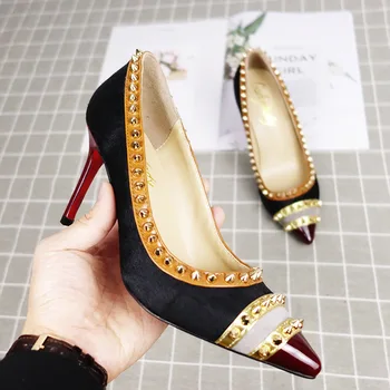 

2019 spring new handmade leather women's shoes sexy pointed rivets high he.els leather horse hair shallow mouth High heel shoes