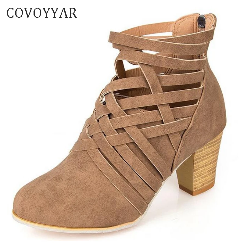 

COVOYYAR 2019 Cross-tied Autumn Women Boots Fashion Thick Heel Women Ankle Boots Cut Out Flock Lady Shoes Plus Size 43 WBS397