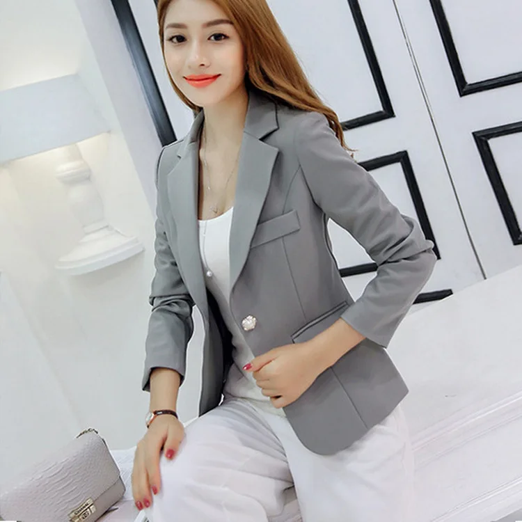 

2019 Women's Blazer Gray Long Sleeve Blazers Solid One Button Coat Slim Office Lady Jacket Female Tops Suit Blazer Femme Jackets