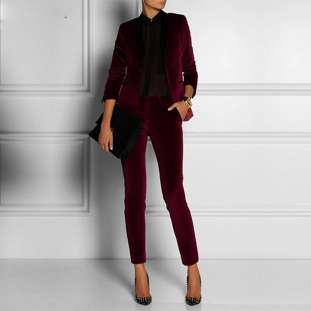 Burgundy Red Velvet Women Business Office Tuxedos Bespoke Suits