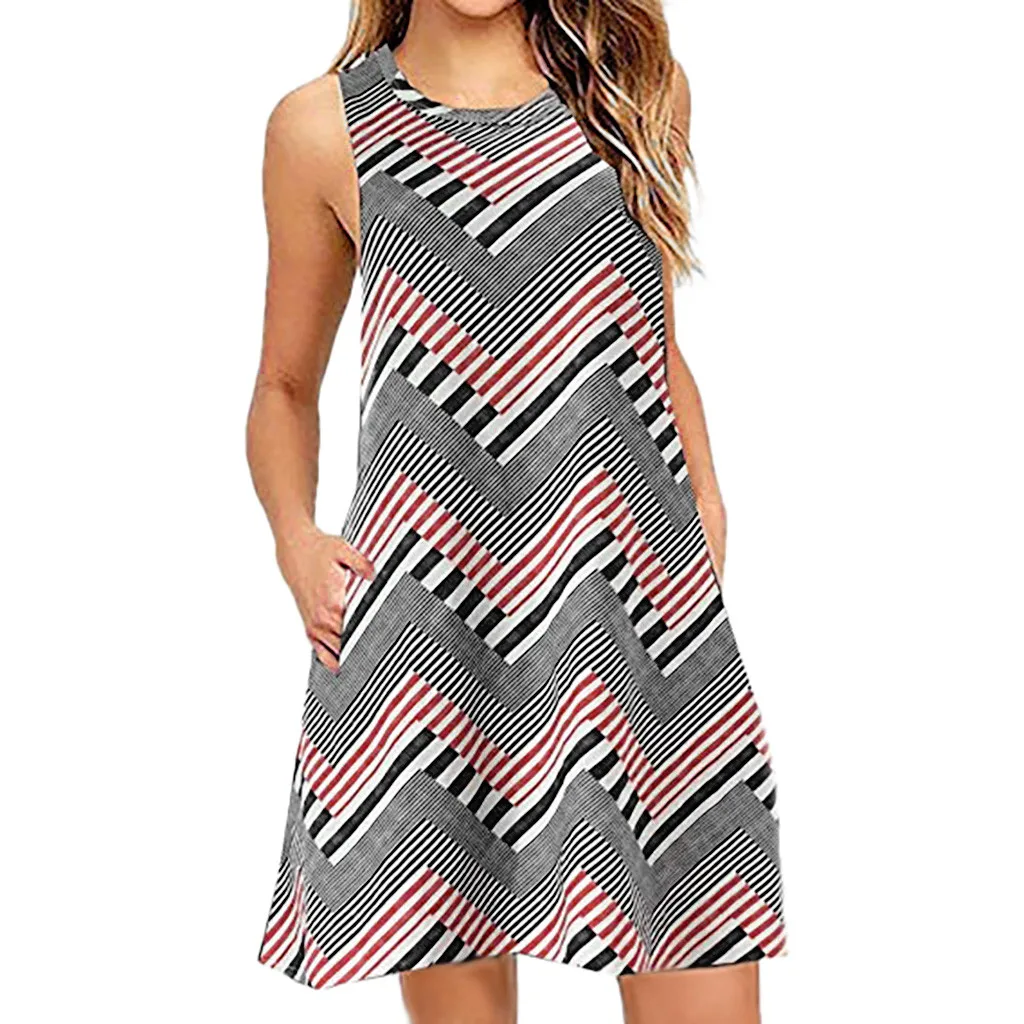 

Women Summer Casual Sleeveless Printed Swing Mini Dress Sundress with Pocket