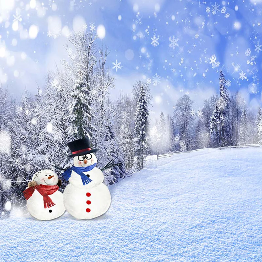 

Blue Sky Falling Snowflakes Photography Backdrops Printed Snowman Pine Trees Winter Snow Kids Christmas Party Photo Background