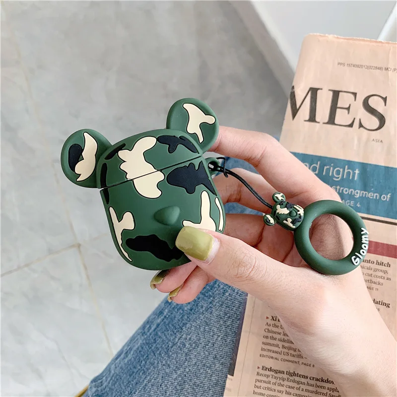 Cartoon Protective Case for AirPods Cute Cover Silicone Bluetooth Earphone Case for Apple Airpods 2 Finger Ring Camouflage Bear - Цвет: Зеленый