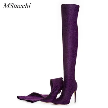 

Mstacchi Newest Luxury Crystal Pointy Toe Knee High Boots Sexy Thin High Heel Boots Bling Ladies Sequined Cloth Long Boots Women