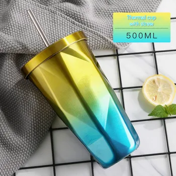 

500ml Creative Water Cups with Straw Bottle for Water Stainless Steel Drink Coffee Mugs Steel Tumbler Straw Bottle with lid red