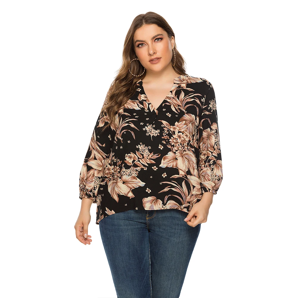 

Wipalo Floral Print Plus Size V Neck Casual Women Blouse 2019 New Three Quarter Sleeve Autumn Female High Low Hem Shirt Blusas