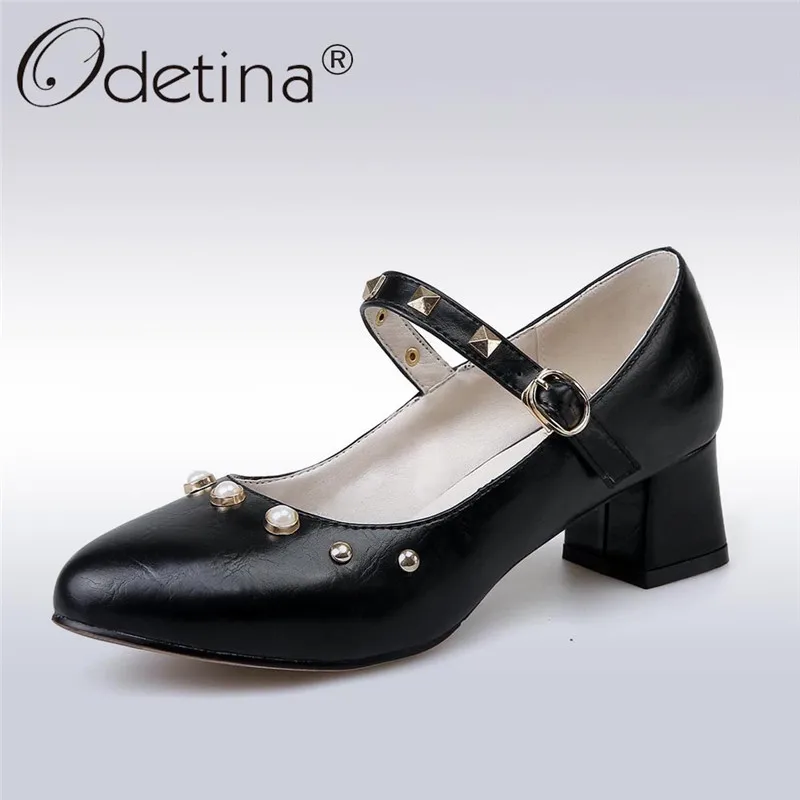 

Odetina New Fashion Women Chunky Heels Pumps Pointed Toe Buckle Strap Mary Janes Shoes Ladies Pearl Pump Shoes Plus Size 47