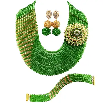 

Best-selling Green Champagne Gold AB Crystal Beads Women Anniversary Neccklace Sets 10C-CJZ-06
