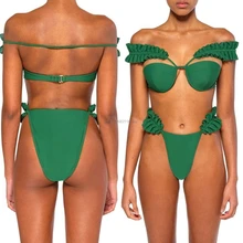 Женское сексуальное бикини с открытыми плечами плиссированные оборки, бретели Бюстгальтер пуш ап на косточках с высокой талией стринги купальник сплошной цвет купальный костюм