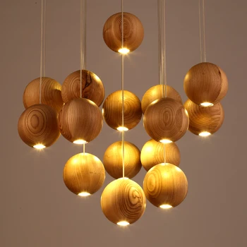 

Solid wood modern pendant light Chinese Japanese Nordic creative minimalist living room dining wood ball wooden pendant lamp M