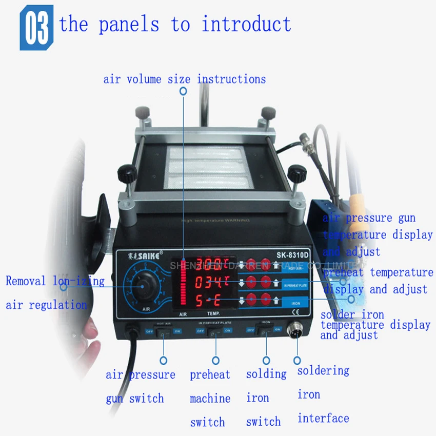 Rework Station 220v or 110v soldering station hot air station+soldering iron+Preheat station 3 in 1 SAIKE 8310D