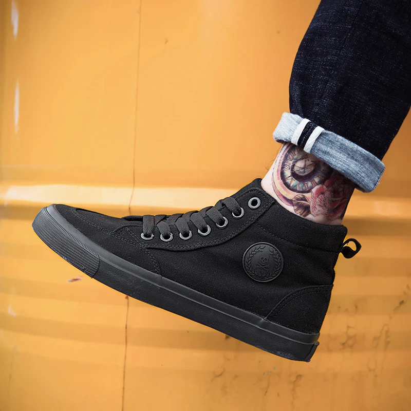 COOLVFATBO Trend Men's Vulcanized Shoes Black High Top Lace-up Autumn Winter Casual Canvas Shoes For Men Boys Sneakers Without COOLVFATBO Trend Men's Vulcanized Shoes Black High Top Lace-up Autumn Winter Casual Canvas Shoes For Men Boys Sneakers Without