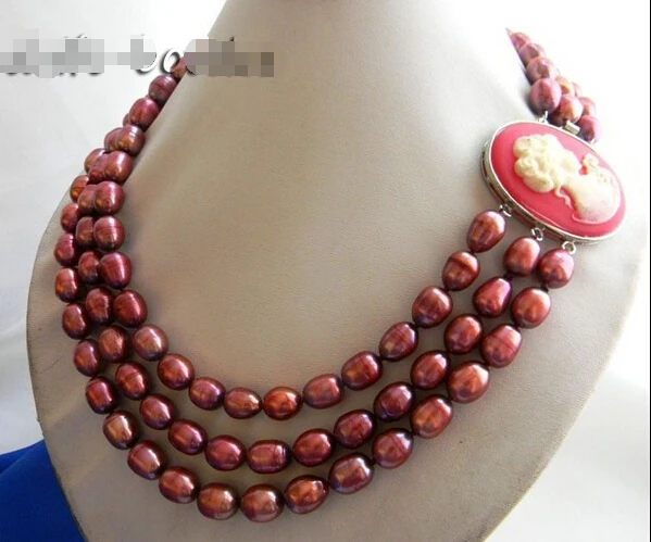 

Wholesale FREE SHIPPING 3Strands 18'' 9.5mm Red Rice Freshwater Pearl Necklace
