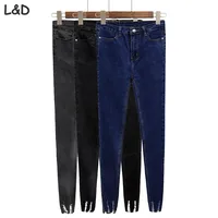 New Slim Stretch High Waist Skinny Jeans Female Scratch Worn Feet Vintage Black Blue Pencil Pants Women Jeans Plus Size S-4XL