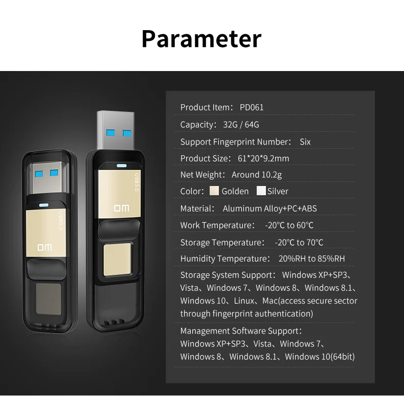 DM PD061 USB3.0 64 ГБ устройство U диск для хранения Флешка накопитель с отпечатков пальцев Шифрование Функция Золотой/Серебряный Цвет