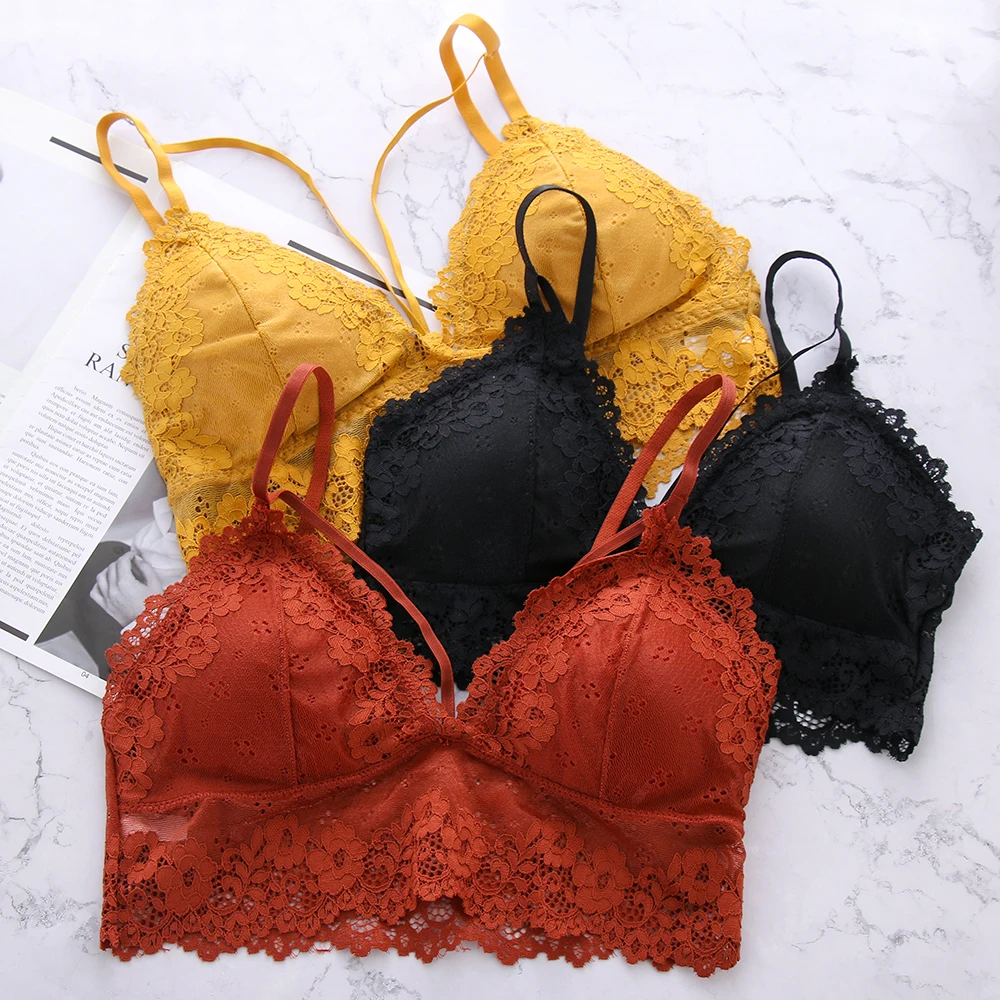 

2019 Spring Summer Sexy Floral Lace Bralette Wireless Bra For Women Lace Deep V Sexy Underwear Comfy Lingerie Intimate Brassiere